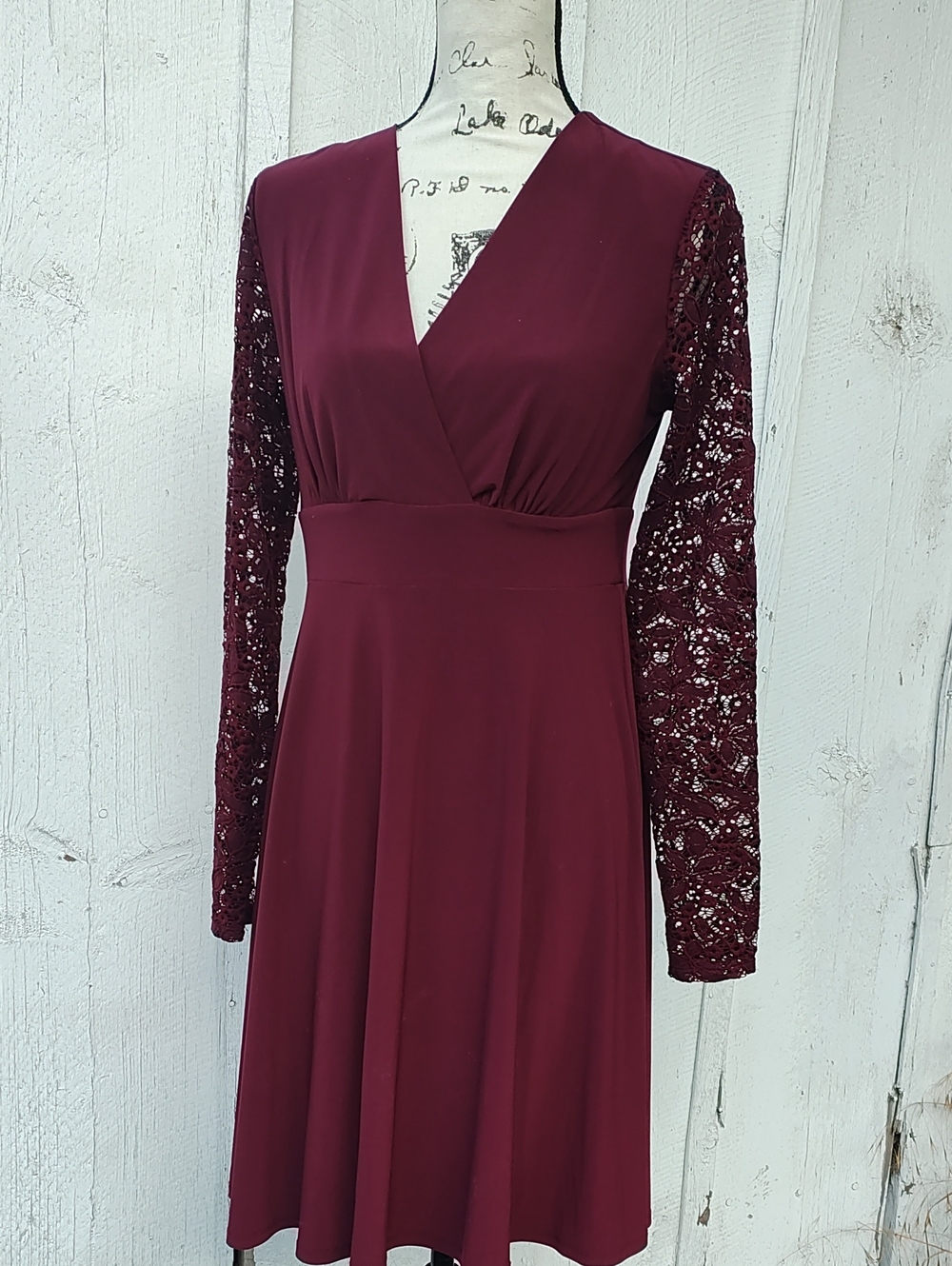 Beyond Ashley Graham Elegant Burgundy Long-Sleeve Lace Sleeve Faux Wrap Dress